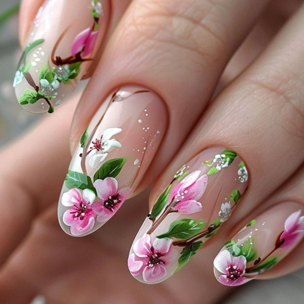 Pressed Flower Art - Short Almond Press on Nails 3D