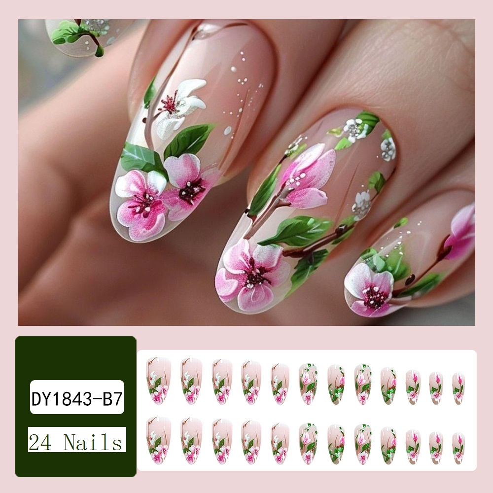 Short Almond Press on Nails 3D - Pressed Flower Art ulasan dan harga