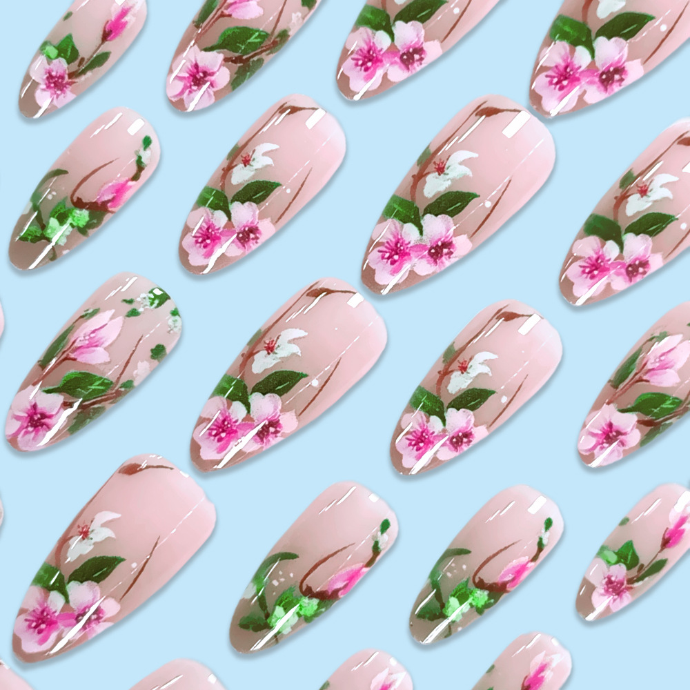 Short Almond Press on Nails 3D - Pressed Flower Art ulasan dan harga